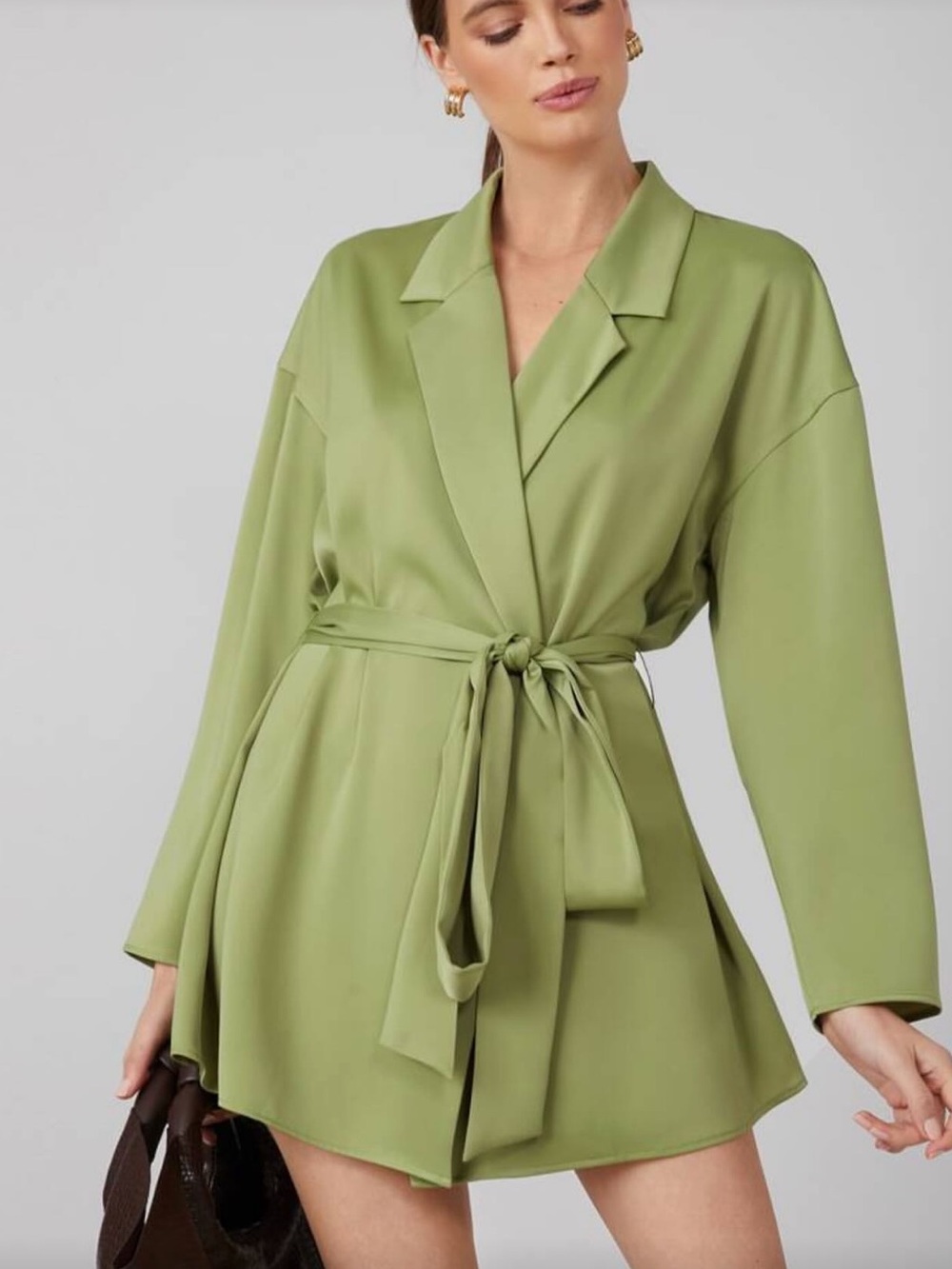 Blazer Dress Satin-Look Olive Green Tie-Waist
